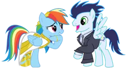 Size: 600x324 | Tagged: safe, artist:mokrosuhibrijac, derpibooru import, rainbow dash, soarin', clothes, commission, dress, female, male, marriage, shipping, smiling, soarindash, straight, suit, wedding