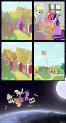 Size: 1280x2375 | Tagged: safe, artist:moemneop, derpibooru import, applejack, derpy hooves, dinky hooves, twilight sparkle, pegasus, pony, comic:return to equestria, comic, female, i just don't know what went wrong, mare