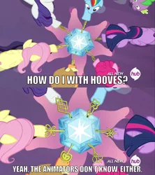 Size: 1920x2160 | Tagged: safe, derpibooru import, edit, edited screencap, screencap, applejack, fluttershy, pinkie pie, rainbow dash, rarity, spike, twilight sparkle, twilight sparkle (alicorn), alicorn, pony, princess twilight sparkle (episode), twilight's kingdom, caption, dexterous hooves, female, how do i with hooves, hub logo, image macro, mane seven, mane six, mare, meme, mystery box of plot importance, text