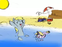 Size: 1024x784 | Tagged: safe, artist:blayaden, derpibooru import, derpy hooves, dinky hooves, pegasus, pony, beach, equestria's best mother, female, mare, swimming