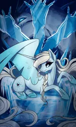 Size: 600x1000 | Tagged: safe, artist:probablyfakeblonde, derpibooru import, ponified, alicorn, dragon, pony, colored wings, crossover, elsa, female, frozen (movie), gradient wings, hoof shoes, ice, looking at you, mare, marshmallow (character), solo, spread wings, throne, wings