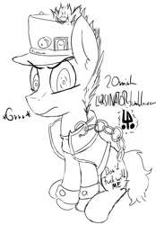 Size: 655x943 | Tagged: safe, artist:magical disaster, derpibooru import, ponified, pony, 30 minute art challenge, badass, chains, crossover, hat, jojo's bizarre adventure, jotaro kujo, looking at you, military uniform, monochrome, pinpoint eyes, solo