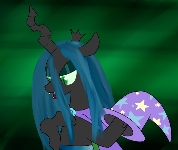 Size: 1100x930 | Tagged: accessory swap, artist:ccortxx, cape, clothes, derpibooru import, hat, queen chrysalis, safe, the great and powerful, trixie, trixie's cape, trixie's hat