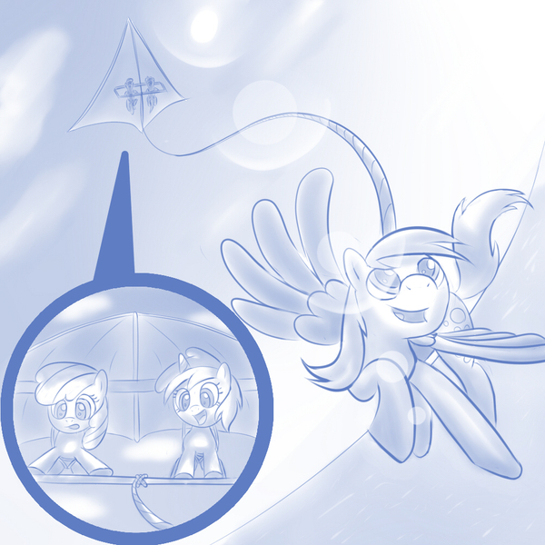 Size: 1000x1000 | Tagged: safe, artist:rayhiros, derpibooru import, apple bloom, derpy hooves, dinky hooves, pegasus, pony, equestria's best mother, female, hang gliding, mare, monochrome