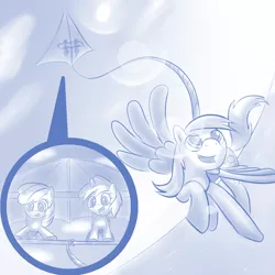 Size: 1000x1000 | Tagged: safe, artist:rayhiros, derpibooru import, apple bloom, derpy hooves, dinky hooves, pegasus, pony, equestria's best mother, female, hang gliding, mare, monochrome