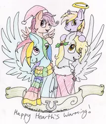 Size: 719x838 | Tagged: safe, artist:feniiku, derpibooru import, derpy hooves, dinky hooves, rainbow dash, scootaloo, pegasus, pony, christmas, female, halo, hat, hearth's warming eve, holiday, mare, merry christmas, santa hat, sketch, traditional art