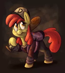 Size: 648x720 | Tagged: apple bloom, artist:thedoggygal, backpack, baseball bat, clementine (walking dead), clothes, cosplay, costume, crossover, derpibooru import, safe, solo, the walking dead, the walking dead game