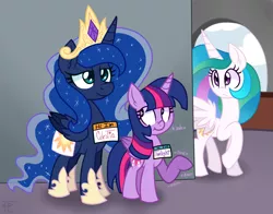 Size: 1653x1296 | Tagged: safe, artist:wildberry-poptart, derpibooru import, princess celestia, princess luna, twilight sparkle, twilight sparkle (alicorn), alicorn, pony, :<, accessory swap, fake cutie mark, female, mare, missing accessory, raised hoof, scrunchy face, smile and wave, smiling