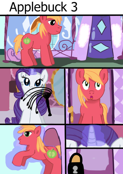 Size: 2480x3508 | Tagged: suggestive, artist:jbond, derpibooru import, big macintosh, rarity, earth pony, pony, comic:applebuck, cat o' ninetails, comic, magic, male, stallion