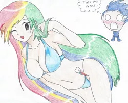 Size: 2084x1684 | Tagged: suggestive, artist:macroscopicponies, derpibooru import, rainbow dash, soarin', human, aroused, belly button, bikini, blushing, breasts, busty rainbow dash, chibi, clothes, female, humanized, male, one eye closed, shipping, smiling, soarindash, straight, swimsuit, that is my fetish, thought bubble, traditional art, wink