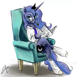 Size: 1280x1280 | Tagged: artist:silfoe, chair, clothes, crossed legs, derpibooru import, father's day, glasses, lunadoodle, newspaper, pipe, princess luna, reading, safe, shirt, sitting, smoking, socks, solo