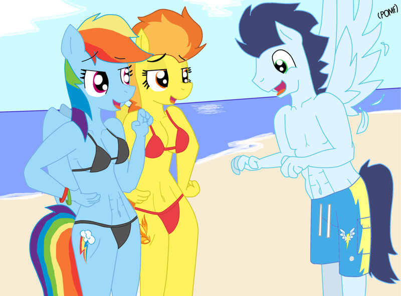 Size: 1024x757 | Tagged: suggestive, artist:artistbrony, derpibooru import, rainbow dash, soarin', spitfire, anthro, abs, backwards cutie mark, bare chest, beach, belly button, bikini, bisexual, breasts, clothes, cutie mark, female, fetish, lesbian, lucky bastard, male, midriff, navel fetish, navel play, partial nudity, polyamory, seductive, shipping, soarin' gets all the mares, soarindash, soarindashfire, soarinfire, spread wings, straight, swimsuit, topless, wingboner, wings, wonderbolts