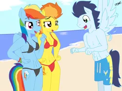 Size: 1024x757 | Tagged: suggestive, artist:artistbrony, derpibooru import, rainbow dash, soarin', spitfire, anthro, abs, backwards cutie mark, bare chest, beach, belly button, bikini, bisexual, breasts, clothes, cutie mark, female, fetish, lesbian, lucky bastard, male, midriff, navel fetish, navel play, partial nudity, polyamory, seductive, shipping, soarin' gets all the mares, soarindash, soarindashfire, soarinfire, spread wings, straight, swimsuit, topless, wingboner, wings, wonderbolts