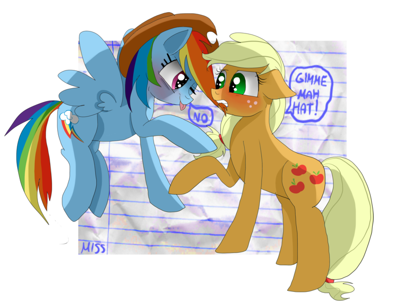 Size: 2600x2000 | Tagged: safe, artist:misspolycysticovary, derpibooru import, applejack, rainbow dash, accessory swap, accessory theft, appledash, applejack's hat, biting, blushing, cowboy hat, female, fourth wall, hair bite, hat, lesbian, lined paper, no, shipping, tongue out