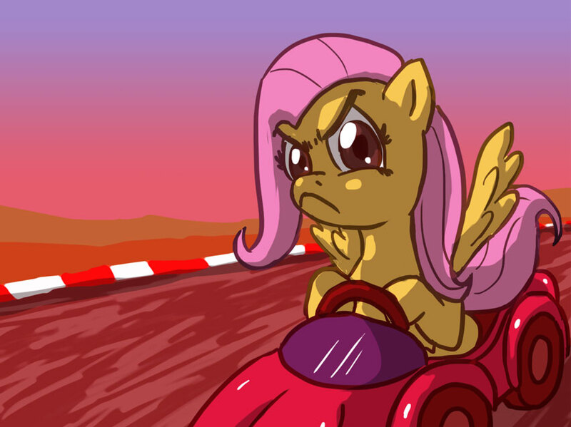 Size: 850x636 | Tagged: artist:fadri, derpibooru import, fluttershy, go kart, luigi's death stare, mario kart, mario kart 8, meme, parody, race track, safe, solo, stare, the stare