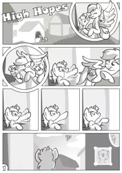 Size: 877x1240 | Tagged: safe, artist:rannva, derpibooru import, derpy hooves, dinky hooves, pegasus, pony, comic, equestria's best mother, female, grayscale, high hopes, mare, monochrome