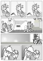 Size: 877x1240 | Tagged: safe, artist:rannva, derpibooru import, derpy hooves, dinky hooves, ponet, twilight sparkle, pegasus, pony, artificial wings, augmented, comic, equestria's best mother, female, grayscale, high hopes, hot air balloon, magic, magic wings, mare, monochrome, twinkling balloon, wings