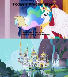 Size: 910x1024 | Tagged: canterlot, caption, celestia's proclamation, derpibooru import, dragonball z abridged, exploitable meme, image macro, meme, princess celestia, safe, super kami celestia, text