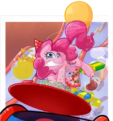 Size: 1071x1142 | Tagged: safe, artist:pomnoi, derpibooru import, pinkie pie, pony, balloon, chips, confetti, food, hat, nachos, party hat, present, punch (drink), punch bowl, slide, solo, table