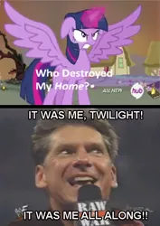 Size: 488x691 | Tagged: safe, derpibooru import, twilight sparkle, twilight sparkle (alicorn), alicorn, pony, twilight's kingdom, exploitable meme, female, it's me austin, mare, meme, obligatory pony, vince mcmahon, who destroyed twilight's home, wwe