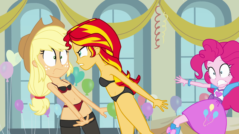 2133857 - applejack, balloon, bra, breasts, clothes, confrontation,  derpibooru import, edit, edited screencap, equestria girls, equestria girls  (movie), lingerie, panties, pinkie pie, screencap, stockings, suggestive,  sunset shimmer, thigh highs ...