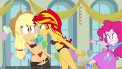 Size: 1920x1080 | Tagged: suggestive, derpibooru import, edit, edited screencap, screencap, applejack, pinkie pie, sunset shimmer, equestria girls, equestria girls (movie), balloon, bra, breasts, clothes, confrontation, lingerie, panties, stockings, thigh highs, underwear, underwear edit