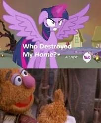 Size: 424x518 | Tagged: safe, derpibooru import, twilight sparkle, twilight sparkle (alicorn), alicorn, pony, twilight's kingdom, exploitable meme, female, fozzie bear, hub logo, hubble, mare, meme, mr bimbo, mr thimble, muppet treasure island, obligatory pony, the muppets, who destroyed twilight's home