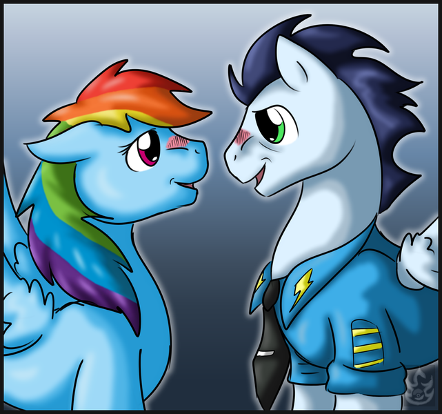 Size: 1024x958 | Tagged: safe, artist:stormblaze-pegasus, derpibooru import, rainbow dash, soarin', blushing, clothes, eye contact, female, looking at each other, male, shipping, smiling, soarindash, straight, uniform, wonderbolts dress uniform