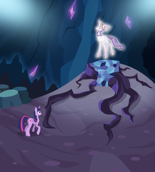 Size: 1024x1135 | Tagged: safe, artist:astralmelodia, deleted from derpibooru, derpibooru import, tree of harmony, twilight sparkle, twilight sparkle (alicorn), oc, oc:harmony (heilos), ponified, alicorn, classical unicorn, pony, unicorn, big crown thingy, cave of harmony, cloven hooves, duo, element of generosity, element of honesty, element of kindness, element of laughter, element of loyalty, element of magic, elements of harmony, female, jewelry, leonine tail, mare, regalia, tree stump, unshorn fetlocks