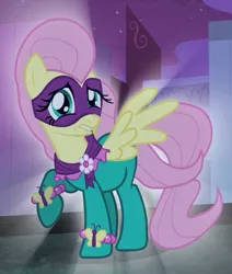 Size: 610x720 | Tagged: clothes, costume, derpibooru import, fluttershy, lip bite, outfit catalog, power ponies, power ponies (episode), saddle rager, safe, screencap, solo