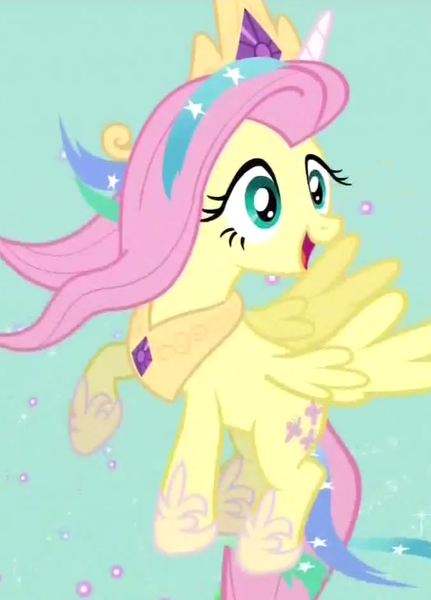 Size: 453x631 | Tagged: safe, derpibooru import, screencap, fluttershy, princess celestia, pegasus, pony, testing testing 1-2-3, celestia costume, celestia's crown, clothes, cosplay, costume, cropped, crown, fake horn, female, flying, jewelry, mare, open mouth, outfit catalog, peytral, regalia, shylestia, solo