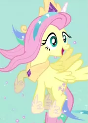 Size: 453x631 | Tagged: safe, derpibooru import, screencap, fluttershy, princess celestia, pegasus, pony, testing testing 1-2-3, celestia costume, celestia's crown, clothes, cosplay, costume, cropped, crown, fake horn, female, flying, jewelry, mare, open mouth, outfit catalog, peytral, regalia, shylestia, solo