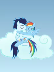 Size: 1024x1368 | Tagged: safe, artist:rulette, derpibooru import, rainbow dash, soarin', cloud, eyes closed, female, hug, kissing, male, shipping, soarindash, spread wings, straight, wings