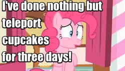 Size: 640x360 | Tagged: caption, confession, cupcake, derpibooru import, edit, edited screencap, expiration date, food, image macro, love & war update, meme, pinkie pie, reference, safe, screencap, soldier, solo, sugarcube corner, team fortress 2, text, the cutie pox