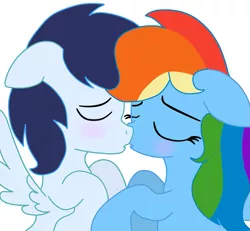 Size: 929x860 | Tagged: safe, artist:gizemyorganci, derpibooru import, rainbow dash, soarin', alternate hairstyle, blushing, eyes closed, female, floppy ears, imminent kissing, male, shipping, soarindash, spread wings, straight, wingboner, wings