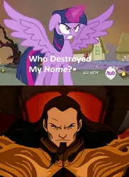 Size: 426x586 | Tagged: safe, derpibooru import, twilight sparkle, twilight sparkle (alicorn), alicorn, pony, avatar the last airbender, exploitable meme, female, hub logo, mare, meme, obligatory pony, ozai, who destroyed twilight's home