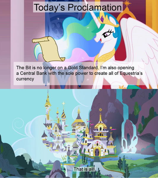 Size: 1021x1149 | Tagged: bank, celestia's proclamation, derpibooru import, economics, exploitable meme, meme, politics, princess celestia, safe, tyrant celestia