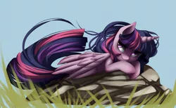 Size: 1332x821 | Tagged: safe, artist:vardastouch, derpibooru import, twilight sparkle, twilight sparkle (alicorn), alicorn, pony, female, grass, mare, prone, solo