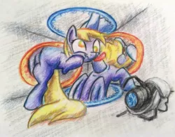 Size: 1024x802 | Tagged: safe, artist:dynamiclines, derpibooru import, derpy hooves, pegasus, pony, crossover, female, mare, now you're thinking with portals, portal, portal (valve), portal gun, solo, tongue out, traditional art
