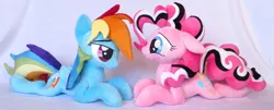 Size: 3689x1488 | Tagged: safe, artist:fireflytwinkletoes, derpibooru import, pinkie pie, rainbow dash, bedroom eyes, blushing, female, irl, lesbian, photo, pinkie pie's boutique, pinkiedash, plushie, shipping