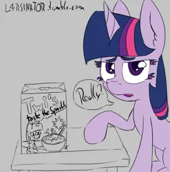Size: 809x820 | Tagged: 30 minute art challenge, artist:magical disaster, cereal, derpibooru import, disappointed, food, reaction, safe, solo, twilight sparkle, twi's