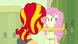 Size: 1920x1080 | Tagged: suggestive, derpibooru import, edit, edited screencap, screencap, fluttershy, sunset shimmer, equestria girls, equestria girls (movie), bra, breasts, clothes, panties, striped underwear, underwear, underwear edit