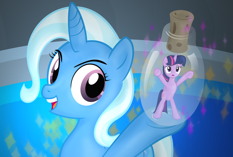 Size: 2062x1387 | Tagged: safe, artist:frogem, derpibooru import, trixie, twilight sparkle, twilight sparkle (alicorn), alicorn, pony, abuse, cork, jar, micro, pony in a bottle, the legend of zelda, twilybuse