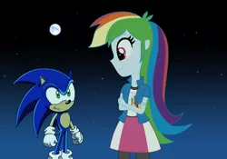 Size: 3510x2455 | Tagged: safe, artist:lightdegel, derpibooru import, rainbow dash, human, equestria girls, crossover, humanized, moon, night, sonic the hedgehog, sonic the hedgehog (series), sonic x, stars