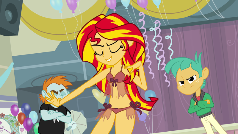 Size: 1920x1080 | Tagged: suggestive, derpibooru import, edit, edited screencap, screencap, snails, snips, sunset shimmer, equestria girls, equestria girls (movie), balloon, belly button, bra, breasts, cleavage, clothes, female, lingerie, panties, ribbon, trio, underwear, underwear edit