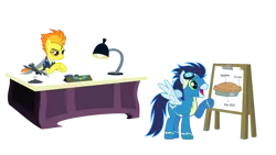 Size: 1920x1080 | Tagged: artist:minecraftxyo, chart, charts and graphs, derpibooru import, desk, food, misspelling, pie, pie chart, pun, safe, soarin', spitfire, that pony sure does love pies