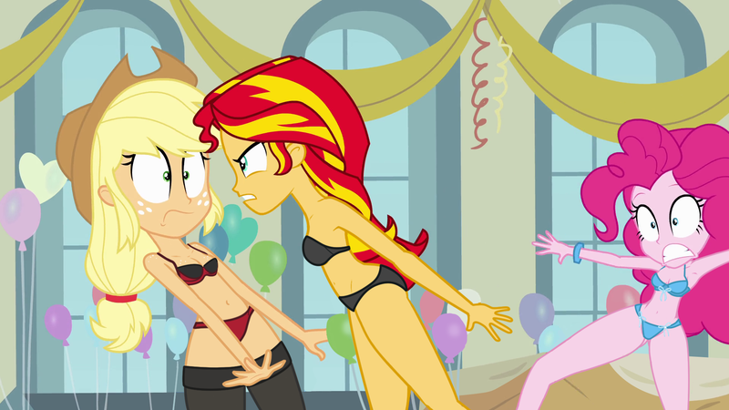 Size: 1920x1080 | Tagged: suggestive, artist:dirty mike, derpibooru import, edit, edited screencap, screencap, applejack, pinkie pie, sunset shimmer, equestria girls, equestria girls (movie), appleshimmer, armpits, balloon, belly button, bra, breasts, clothes, confrontation, female, lesbian, lingerie, panties, ribbon, shipping, stockings, thigh highs, underwear, underwear edit