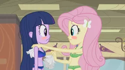 Size: 1920x1080 | Tagged: suggestive, derpibooru import, edit, edited screencap, screencap, fluttershy, twilight sparkle, equestria girls, equestria girls (movie), blue underwear, blushing, bra, breasts, cleavage, clothes, embarrassed, female, green underwear, implied, lesbian, napkin, panties, shipping, twishy, underwear, underwear edit