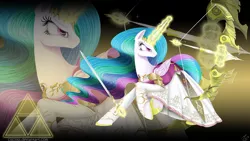 Size: 1920x1080 | Tagged: armor, arrow, artist:ciscoql, bow and arrow, bow (weapon), clothes, cosplay, costume, crossover, derpibooru import, dress, frown, glare, hyrule warriors, looking back, magic, princess celestia, princess zelda, raised hoof, safe, solo, sword, telekinesis, the legend of zelda, triforce, wallpaper, warrior, warrior celestia, weapon, zoom layer