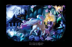 Size: 3000x1957 | Tagged: artist:cigitia, before and after, before season 1, breezie, canterlot, canterlot gardens, celestia's ballad, derpibooru import, eye contact, flashback, flower, garden, glow, golden ratio, looking at each other, mare in the moon, momlestia, moon, night, princess celestia, safe, scenery, singing, twilight sparkle